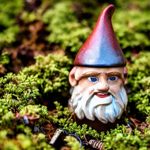 Image similar to garden gnome in gravy, DSLR 15mm, macro photo