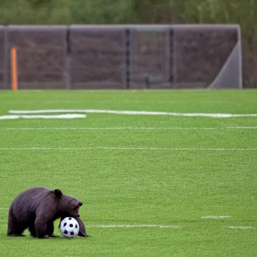 Prompt: a bear was playing a football on the field. a turtle was sitting on top of the football