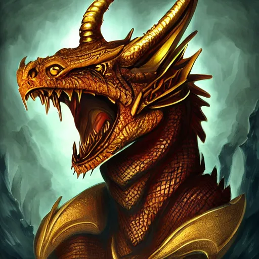 Prompt: Golden Dragonborn, D&D Commision Art Dragon, Nagrax , Dragon Portrait Digital Commission, Closed Mouth, Smile
