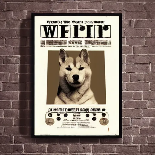 Prompt: shiba inu wanted poster old timey wild west, sepia photo curling paper