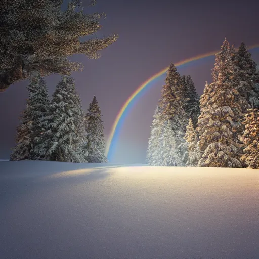 Image similar to landscape, dramatic lighting, octane render, volumetric lighting, artbreeder, snowy rainbow woods at night