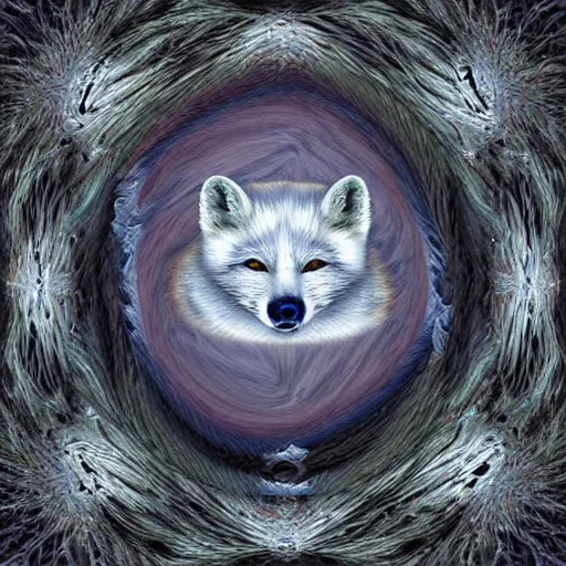 Image similar to surrealistic arctic fox bring fire and destruction to the world photorealistic symmetrical detailed fractal