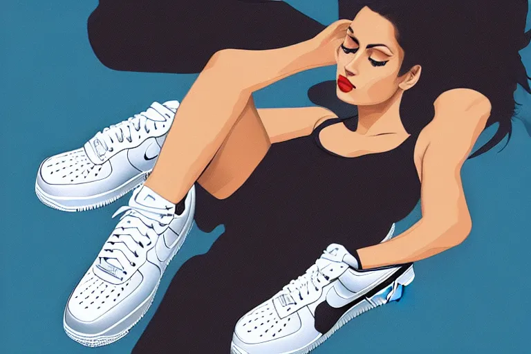 Image similar to a ultradetailed painting of a stylish woman laying on the ground, she is wearing nike air force 1 sneakers, trending on artstation