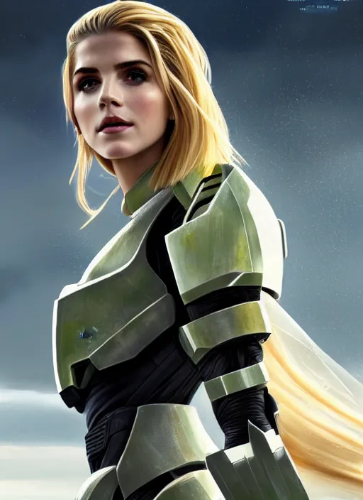 Image similar to portrait of a combination of Ashley Greene, Katheryn Winnick, Victoria Justice and Adriana Dxim, Grace Kelly, Emma Watson and Lily Collins with blonde hair wearing Forerunner Armor from Halo, countryside, calm, fantasy character portrait, dynamic pose, above view, sunny day, thunder clouds in the sky, artwork by Jeremy Lipkin and Giuseppe Dangelico Pino and Michael Garmash and Rob Rey and Greg Manchess and Huang Guangjian, very coherent asymmetrical artwork, sharp edges, perfect face, simple form, 100mm