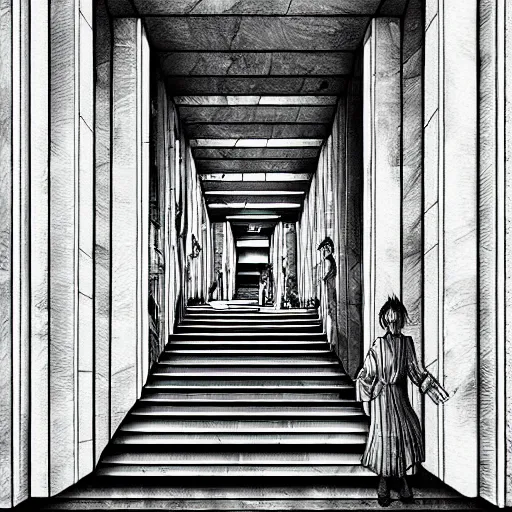 Prompt: “the inside of a huge white building with with many doors and stairs, confusing, creepy, doors, strange dimensions, anime style, detailed background, by Junji Ito”