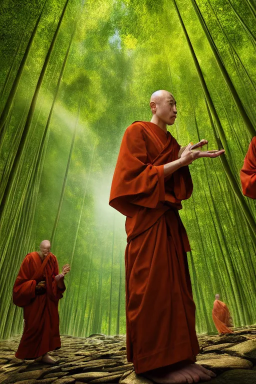 Image similar to mendicant monks of the fuke school of zen buddhism wearing a straw basket on his head in a mysterious japanese bamboo forest with light shafts, atmospheric lighting, by greg rutkowski, ultra realistic, concept art, intricate details, highly detailed, photorealistic, octane render, 8 k, unreal engine