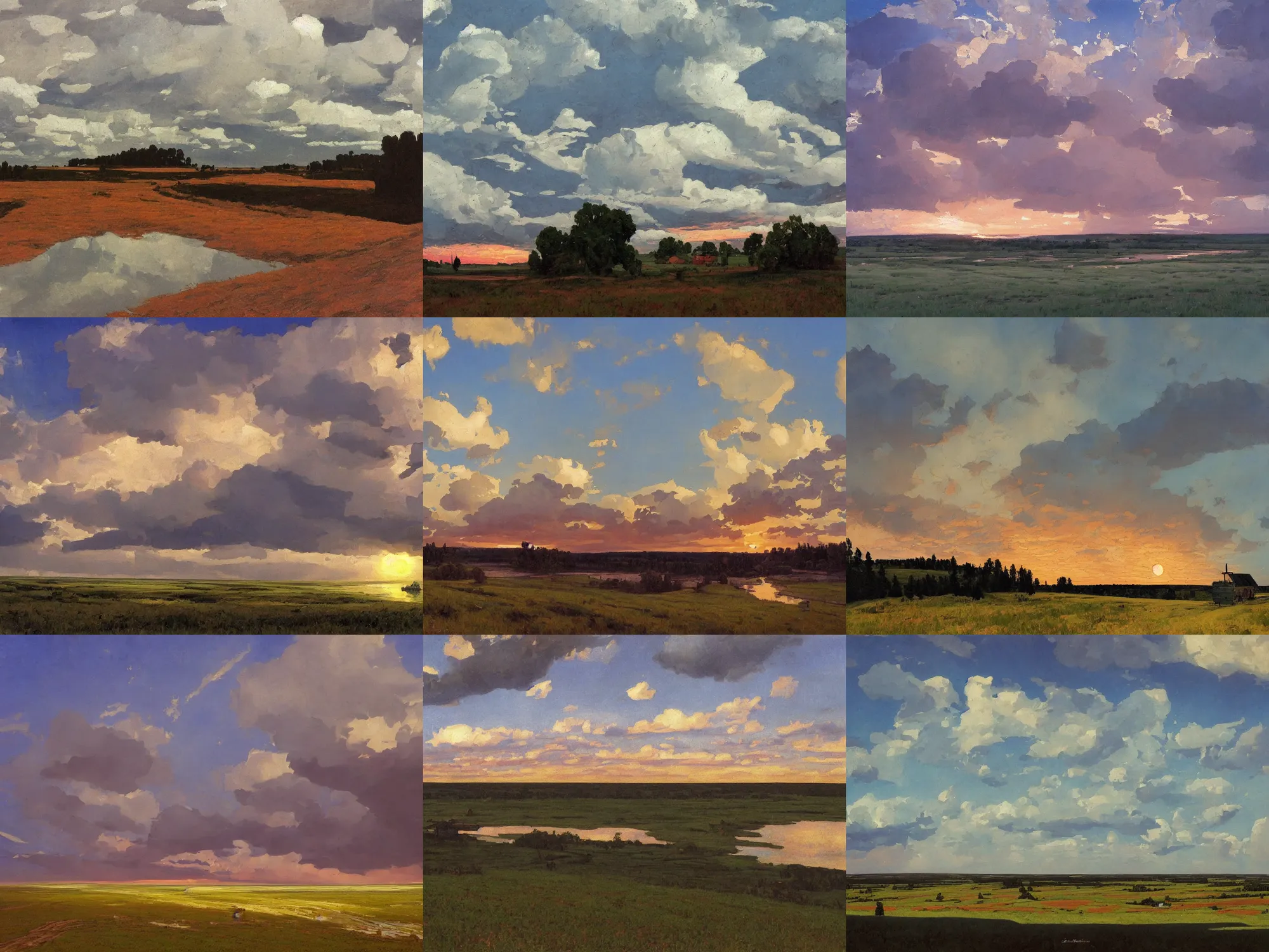 Prompt: painting in the style of Isaac Levitan, Savrasov, arkhip kuindzhi, T Allen Lawson and Ian Fisher and sidney richard percy, wide river and tiny house on the top of the hill, dream heavenly cloudy sky, horzon, stromy clouds, sunset sunrise, volumetric lighting, very beautiful scenery, pastel colors, ultra view angle view