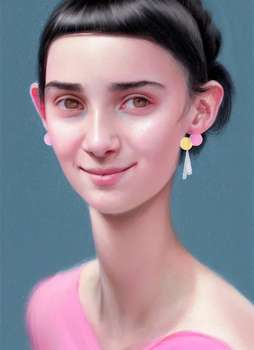 Image similar to portrait of teenage girl, realistic, black hair, bangs, half updo hairstyle, pointy nose, skinny, smile, ugly, defined jawline, big chin, pink hair bow, earrings, intricate, elegant, glowing lights, highly detailed, digital painting, artstation, sharp focus, illustration, art by wlop, mars ravelo and greg rutkowski