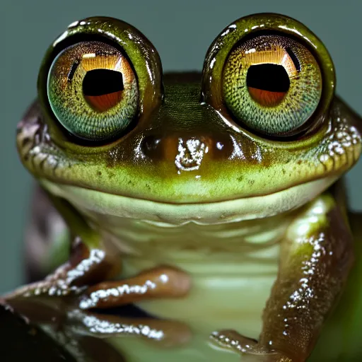 Image similar to closeup of a frog with the eyes of a house - fly, creature hybrid, high resolution photo, trending on artstation, 8 k