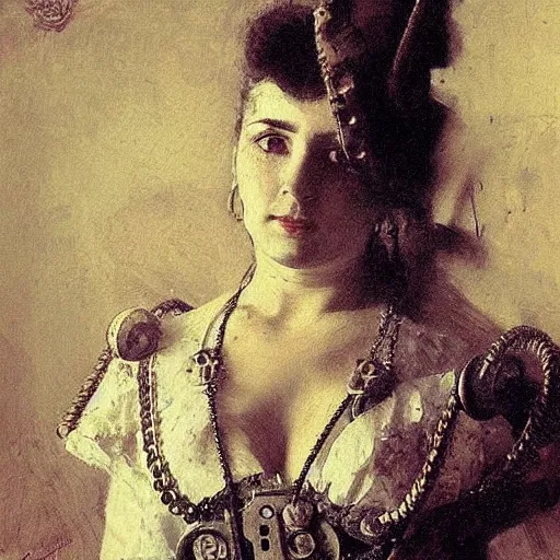 Prompt: Portrait of a steampunk Ariana Granda, elegant, mechanical, broad detail, shadows, vintage shading, by Ilya Repin