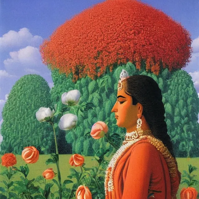 Prompt: hindu goddess in distance looking at you in beautiful meadow of flower, detailed painting by rene magritte