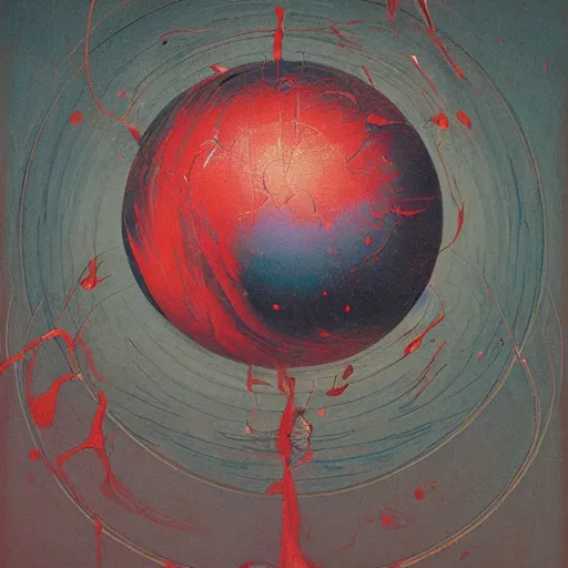 Image similar to a sphere being devoured by abstract splatters of paint in the style of francis bacon, venus being engulfed in flames in the style of james jean, surreal, beksinski, high detailed