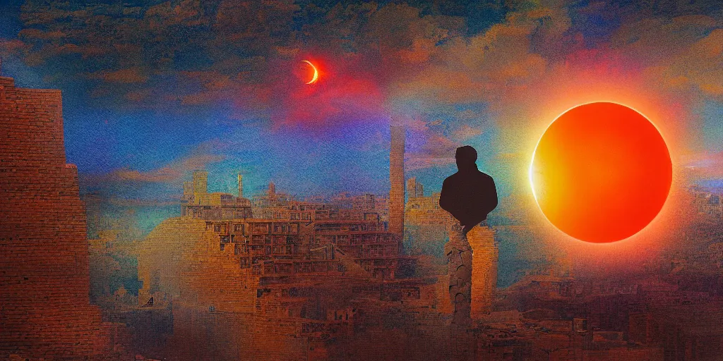 Prompt: a solar eclipse in the sky above ancient babylon, the city is on fire, silhouette of a single observer in the foreground, thick impasto paint, double exposure, Chromatic Aberration