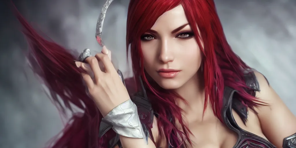 Image similar to Katarina from League of Legends, photorealistic studio portrait, studio lighting, unreal engine 5, hyperrealistic, dynamic lighting, white ambient background, realistic, highly detailed