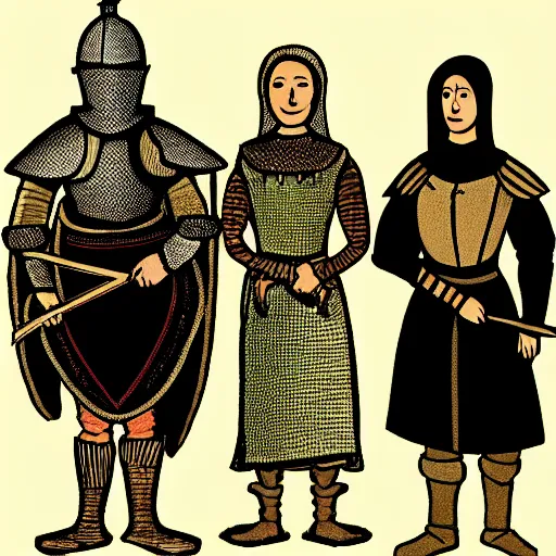 Image similar to a knight in armor standing next to a peasant woman on the left and a peasant woman on the right, illustration