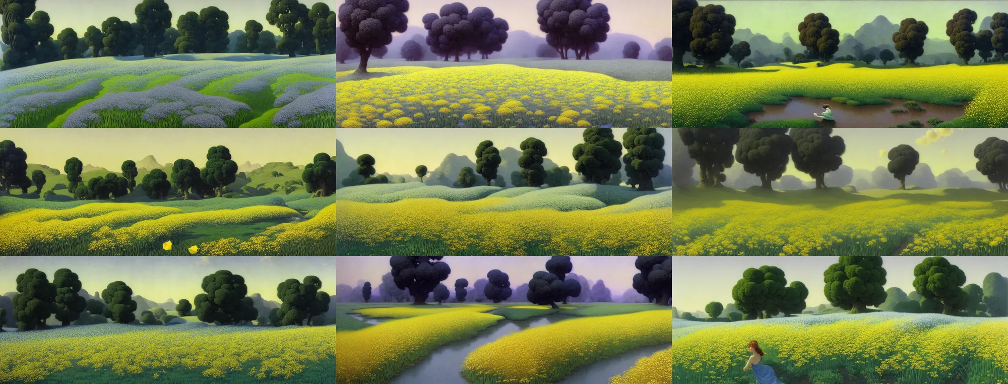 Prompt: a gorgeous spring landscape painting by barlowe wayne maxfield parrish and marco mazzoni. chinese field by the river!! rape flower field. grey blue and very little light verdancy. wet winding stone steps. ultra clear detailed. 3 d, octane render. fog, 8 k