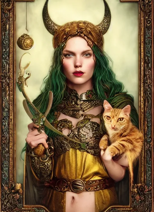 Prompt: beautiful viking woman surrounded by treasure and gold, perfect face, green eyes, wearing an ornate golden robe, two cats in background, tom bagshaw