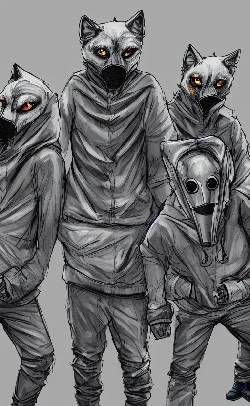 Image similar to wolfs gang, grey blue hoodie, group photo, punk art, warehouse, weapon, drugs, flex box position, grey bandana, gasmask, wolf mask, fiction, stability, intricate, elegant, 8 k, uhd, justify, artstation, concept art, matte, sharp focus, illustration, consistent, highly detailed object content, proportional object content