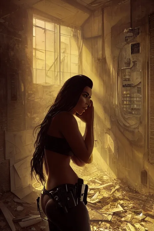 Prompt: photo of kim kardashian as a cop inside a derelict apartment, glowing walkie talkie, realistic, long shot, symmetrical, highly detailed, digital painting, artstation, concept art, smooth, sharp focus, illustration, cinematic lighting, art by artgerm and greg rutkowski and alphonse mucha