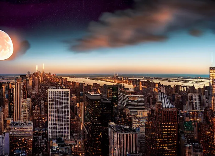 Image similar to film still of the moon breaking into pieces over manhatten in the new disaster movie, 8 k, night time