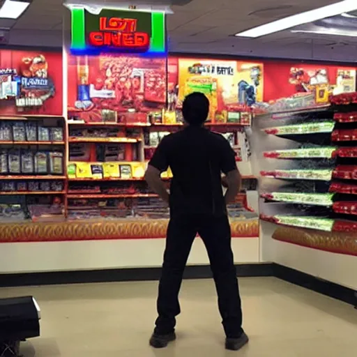 Prompt: Iron Man working as a 7/11 cashier using a red laser scanner, cash register, red laser scanner, wide wide shot, very detailed, beautiful lighting, red laser, fire, smoke