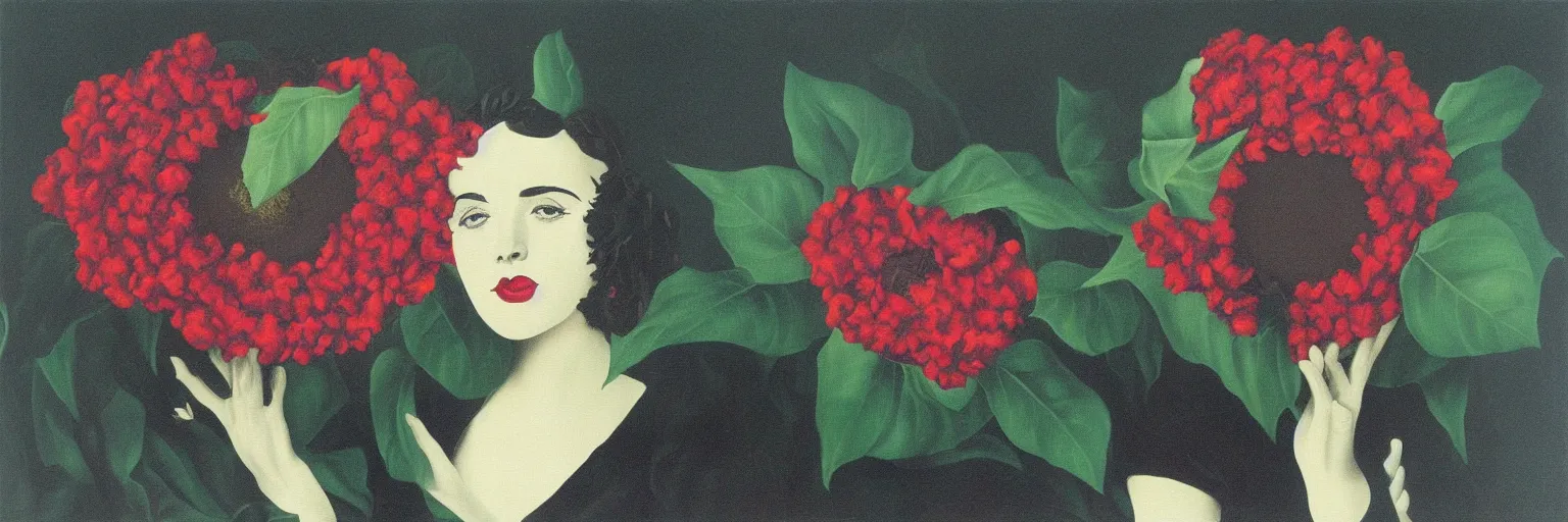 Prompt: black dahlia flower painting magritte