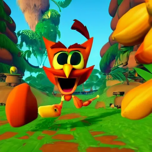 Prompt: a still from ps 1 crash bandicoot, of an owl collecting bananas