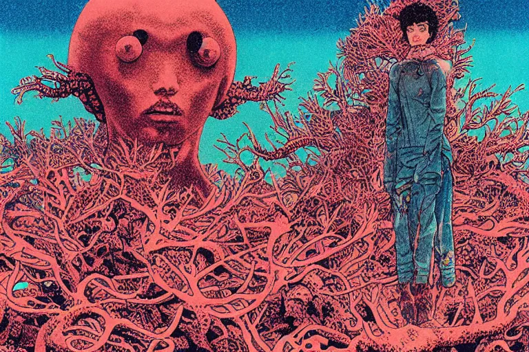 Image similar to risograph grainy drawing vintage sci - fi, satoshi kon color palette, gigantic gundam full - body covered in dead coral reef 1 9 6 0, kodak, with lot tentacles, natural colors, codex seraphinianus painting by moebius and satoshi kon and dirk dzimirsky close - up portrait