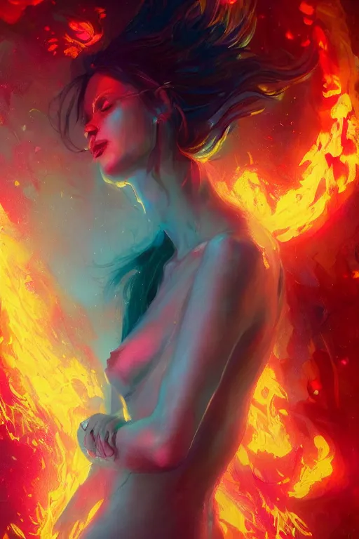 Image similar to a beautiful portrait of a goddess women engulfed in deep colourful flames by Greg Rutkowski, Sung Choi, Mitchell Mohrhauser, Maciej Kuciara, Johnson Ting, Maxim Verehin, Peter Konig, Bloodborne , 8k photorealistic, cinematic lighting, HD, high details, atmospheric , trending on artstation