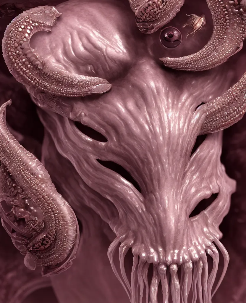 Image similar to goddess princess face close-up portrait ram skull. hard surface modelling zbrush and octane render. jellyfish phoenix head, nautilus, orchid, skull, betta fish, bioluminiscent creatures, intricate artwork by Tooth Wu and wlop and beeple. octane render, trending on artstation, greg rutkowski very coherent symmetrical artwork. cinematic, hyper realism, high detail, octane render, 8k