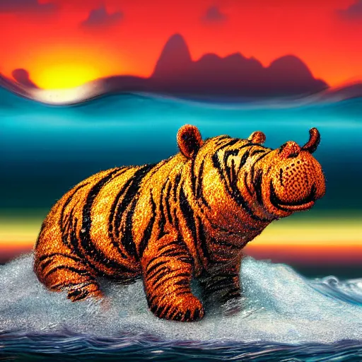 Image similar to a closeup photorealistic photograph of a cute smiling knitted tiger hippopotamus riding a large wave at sunset. surf in the background. professional capture. brightly lit scene. this 4 k hd image is trending on artstation, featured on behance, well - rendered, extra crisp, features intricate detail, epic composition and the style of unreal engine.