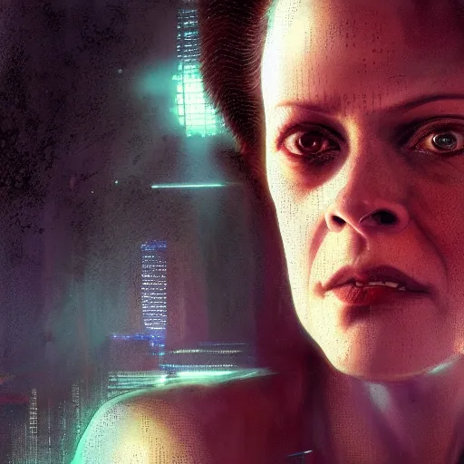 Image similar to sigourney weaver as molly millions, neuromancer, a young beautiful woman, mirror eye implants, cyberpunk, high detail, dramatic light, digital art, dark, promotional art painted by seb mckinnon and greg rutkowski, trending on artstation