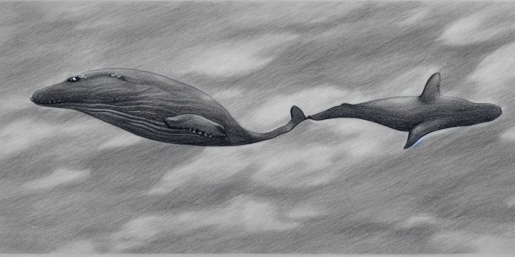 Image similar to a dark cloudy day, a whale swimming in the sky, pencil drawing, ultra realistic, dmt