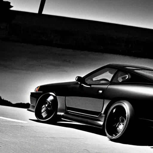 Image similar to pitch black darkness, old toyota supra in the moonlight, film grain, vin diesel