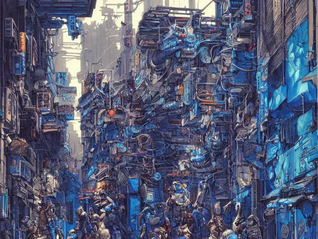 Prompt: a cyberpunk gang in the alleyway between art deco buildings, graffiti, fine detail, intricate, polished, blue color scheme, digital art, illustration, by john smith and noriyoshi ohrai
