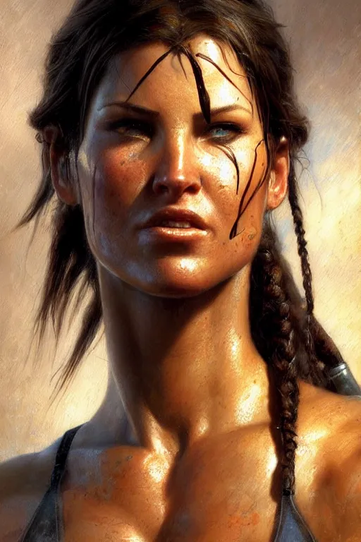 Image similar to muscular sweat lara croft, face close up, highly detailed painting by gaston bussiere, craig mullins, j. c. leyendecker 8 k
