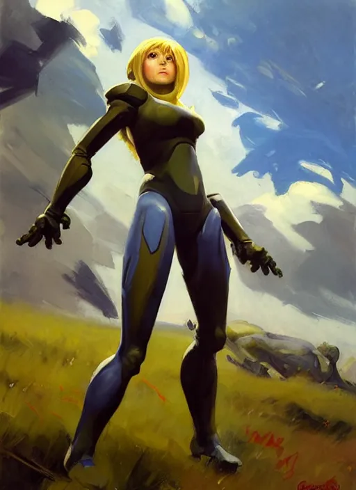 Image similar to Greg Manchess painting of Samus from Metroid Prime, countryside, calm, fantasy character portrait, dynamic pose, above view, sunny day, thunder clouds in the sky, artwork by Jeremy Lipkin and Giuseppe Dangelico Pino and Michael Garmash and Rob Rey, very coherent asymmetrical artwork, sharp edges, perfect face, simple form, 100mm