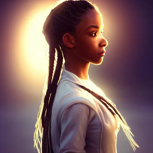 Image similar to a photorealistic hyperrealistic, bright brown eyes, light skinned african american young girl, ponytail hair, flawless face, beautiful lips, cute face, gorgeous white veil, by wlop, artgerm, greg rutwoski, alphonse mucha, beautiful dynamic dramatic low - light moody lighting, cinematic atmosphere, artstation, concept design art, octane render, 8 k