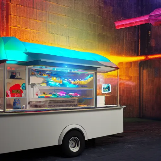 Image similar to a small edible gummi worm candy with cybernetics is for sale from a food truck. the candy is displayed with dramatic product lighting, pearlescent. in the background a dim alley is illuminated by the food truck. digital art, imax 7 0 mm, blade runner, sci - fi, fantasy, fairytale, 4 k, octane 3 d render, ue 5.