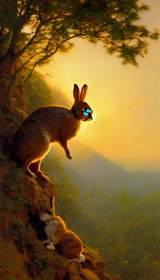 Image similar to hyper realistic rabbit looking off of a cliff, sun setting behind rabbit, lush forest in valley below, painted by gaston bussiere, craig mullins, j. c. leyendecker 8 k