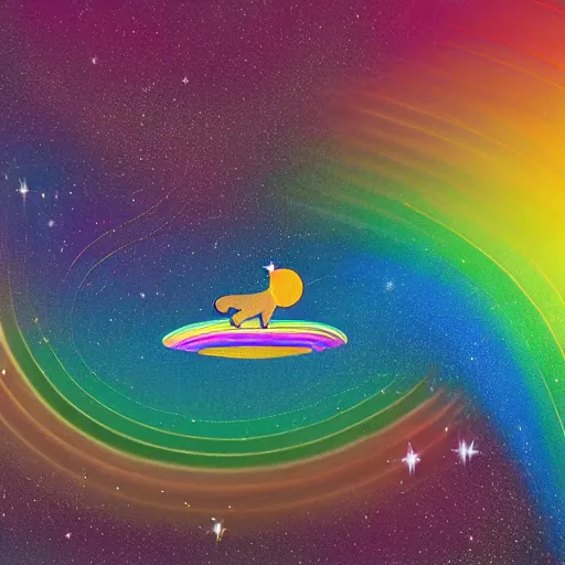 Image similar to space Dachshund floating of away from the earth, complex wavy rainbow lines, particles and distortion, in the style of Ori Toor