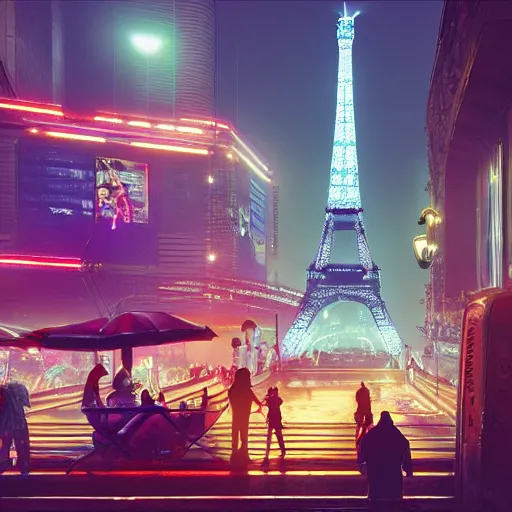 Image similar to cyberpunk 1 9 th century paris, eiffel tower on the background, glowing people, realistic image 4 k, digital art, trending on artstation