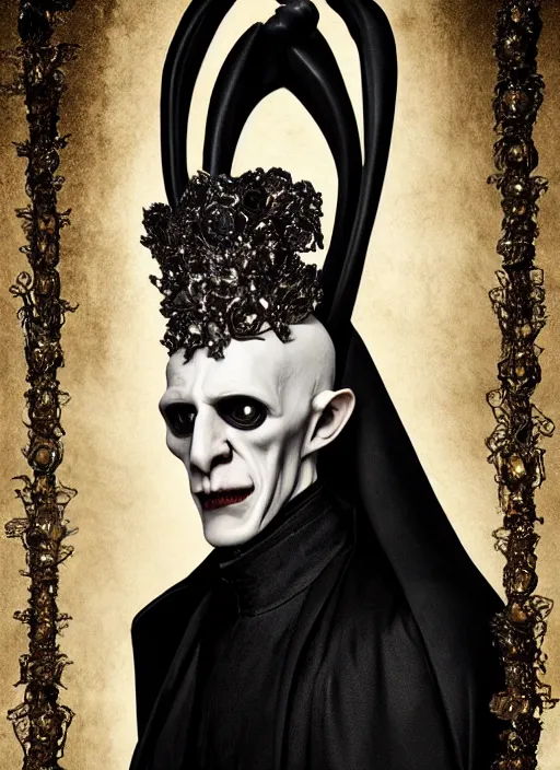 Image similar to a portrait of nosferatu by erwin olaf and nekro borja, photorealistic, intricate details, hyper realistic, dark fantasy, rococo onyx headpiece, crystals, photorealistic, canon r 3, photography, symmetrical features, symmetrical pose, wide angle shot, head to toe, standing pose, feet on the ground