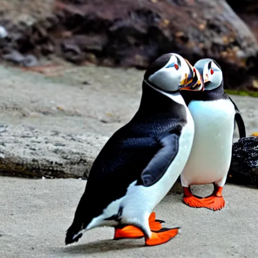 Prompt: puffin sitting next to penguin