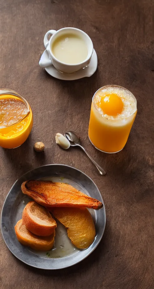 Prompt: warm glass of fresh squeezed pilk sitting on a kitchen table with a full english breakfast, early morning, macro photograph, hot garlic coke on the side