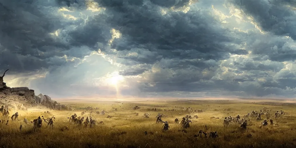 Prompt: image landscape portrait from the battle of little bighorn ( 1 8 7 6 ), majestic sweeping action, cinematic lighting, dramatic lighting, cinematic lighting, hyperdetailed, artstation, cgsociety, 8 k, 4 k, imax 7 0 mm