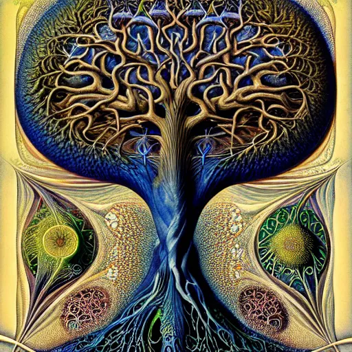 Prompt: tree of life by roger dean and andrew ferez, art forms of nature by ernst haeckel, divine chaos engine, symbolist, visionary, art nouveau, organic fractal structures, surreality, detailed, realistic, ultrasharp