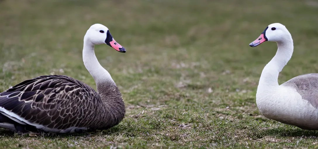 Image similar to wide angle shot of a goose. 8 k photography, depth of field, canon dslr