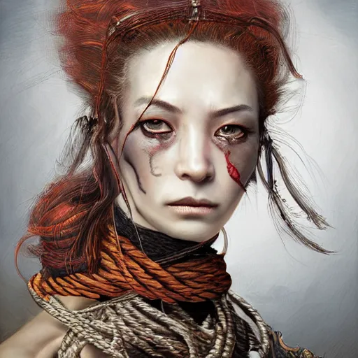 Image similar to portrait of a Shibari rope wrapped face and neck, headshot, insanely nice professional hair style, dramatic hair color, digital painting, of a old 17th century, old cyborg merchant, amber jewels, baroque, ornate clothing, scifi, realistic, hyperdetailed, chiaroscuro, concept art, art by Franz Hals and Jon Foster and Ayami Kojima and Amano and Karol Bak,