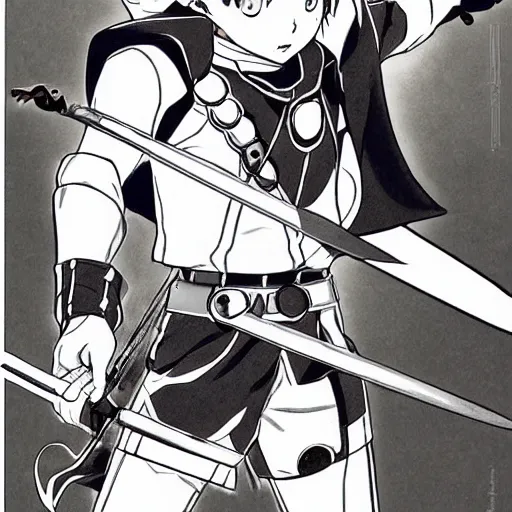 Prompt: young anime hero with a sword, illustrated by mato and ken sugimori, manga, black and white illustration